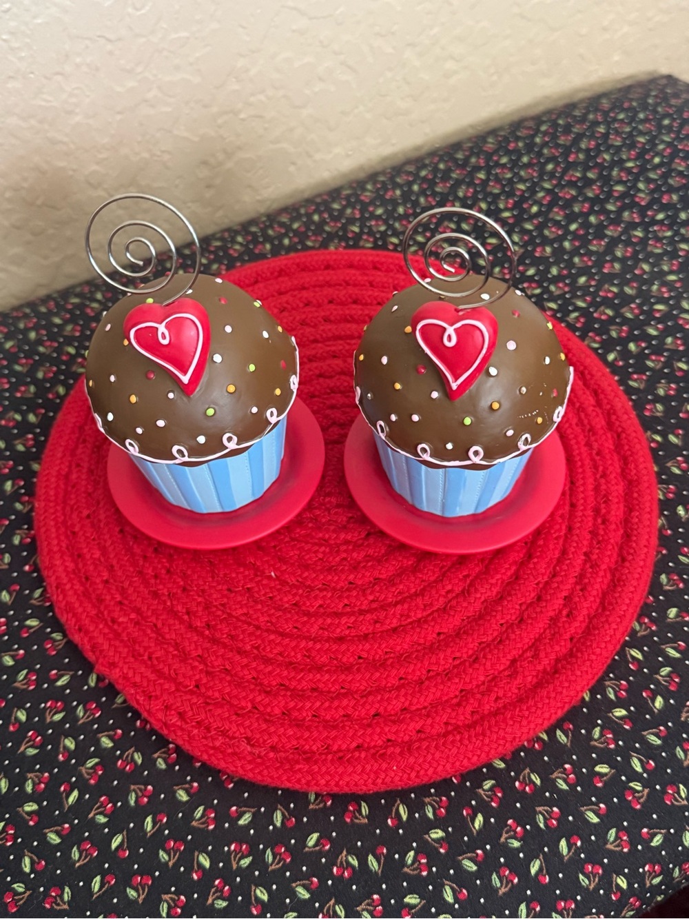 Whimsical Brown & Blue Cupcake Photo Place Card Holders with Red Heart